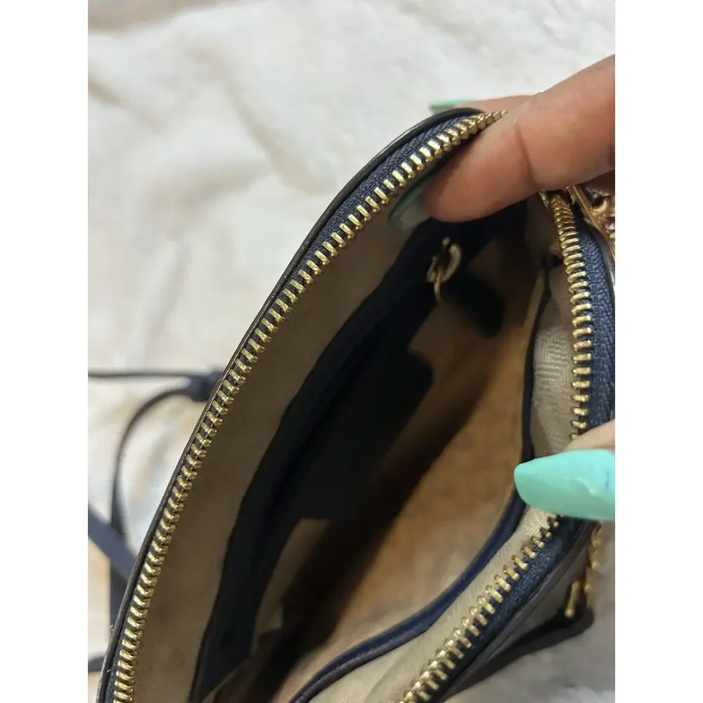 Michael Kors Blue Saffiano Leather Dome Crossbody Bag Silver Chain Strap